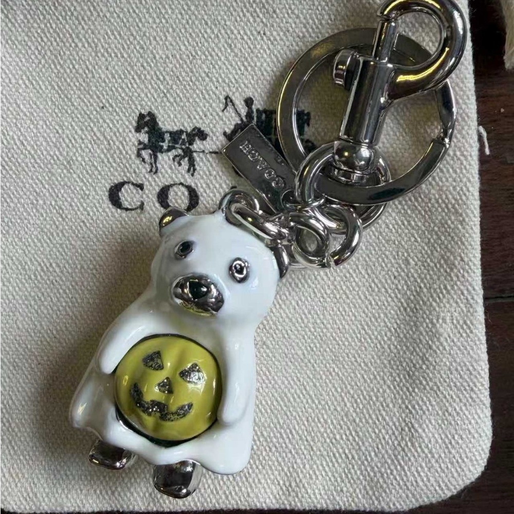Coach White Bear Keychain Charm with Yellow Pumpkin Accent